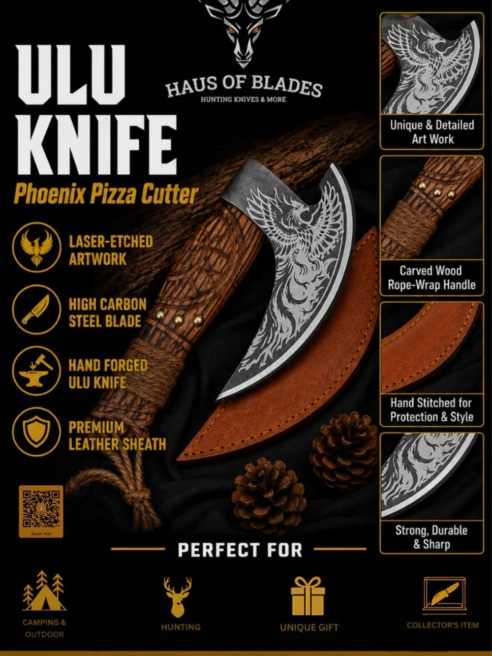 Ulu Knife Phoenix Pizza Cutter - Brown Handle, Silver Blade